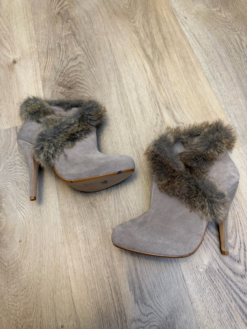 Colin Stuart Taupe Suede Fur Trim High-Heel Booties - Picture 4 of 10